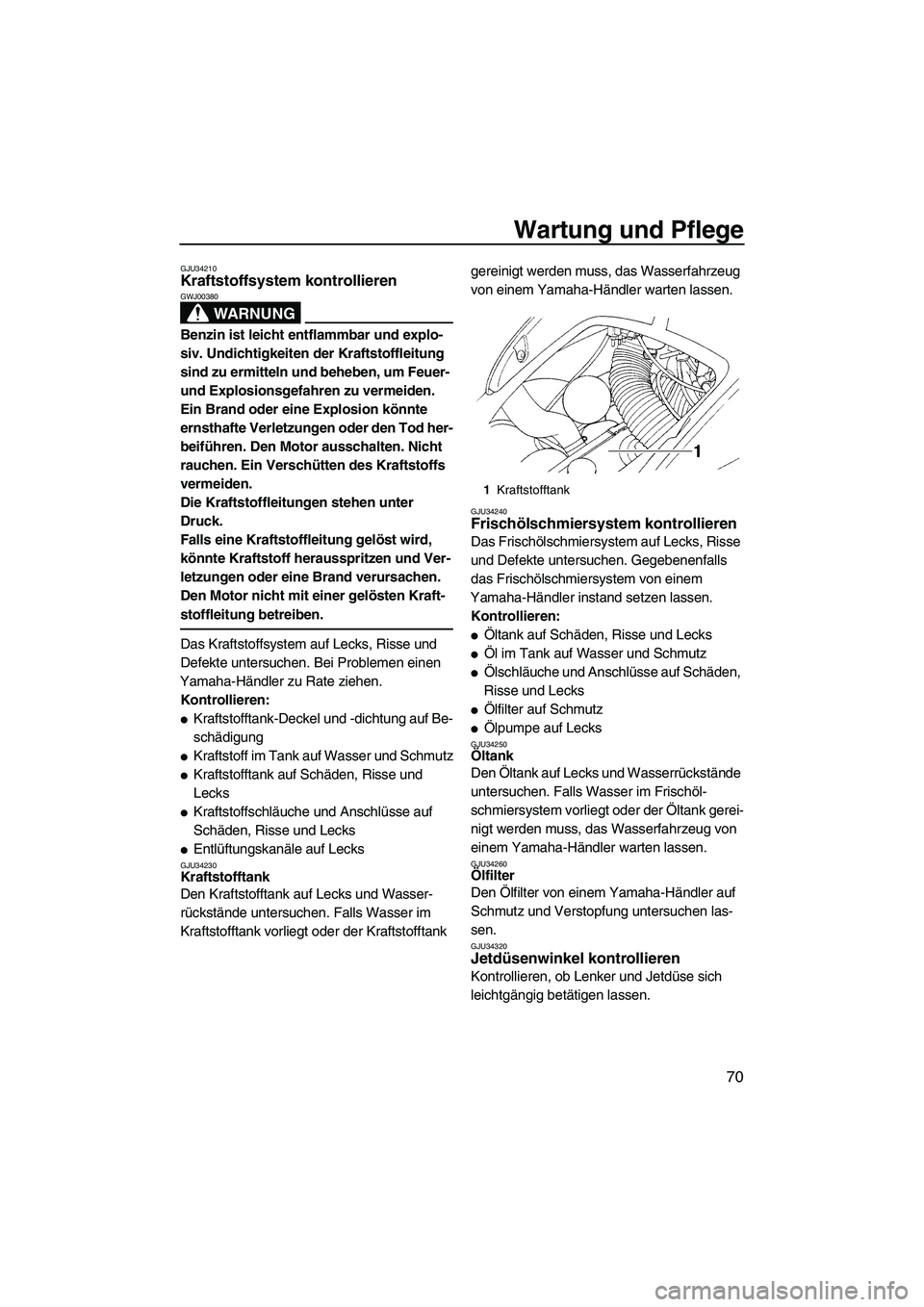 YAMAHA GP1300R 2007  Betriebsanleitungen (in German) Wartung und Pflege
70
GJU34210Kraftstoffsystem kontrollieren 
WARNUNG
GWJ00380
Benzin ist leicht entflammbar und explo-
siv. Undichtigkeiten der Kraftstoffleitung 
sind zu ermitteln und beheben, um Fe
