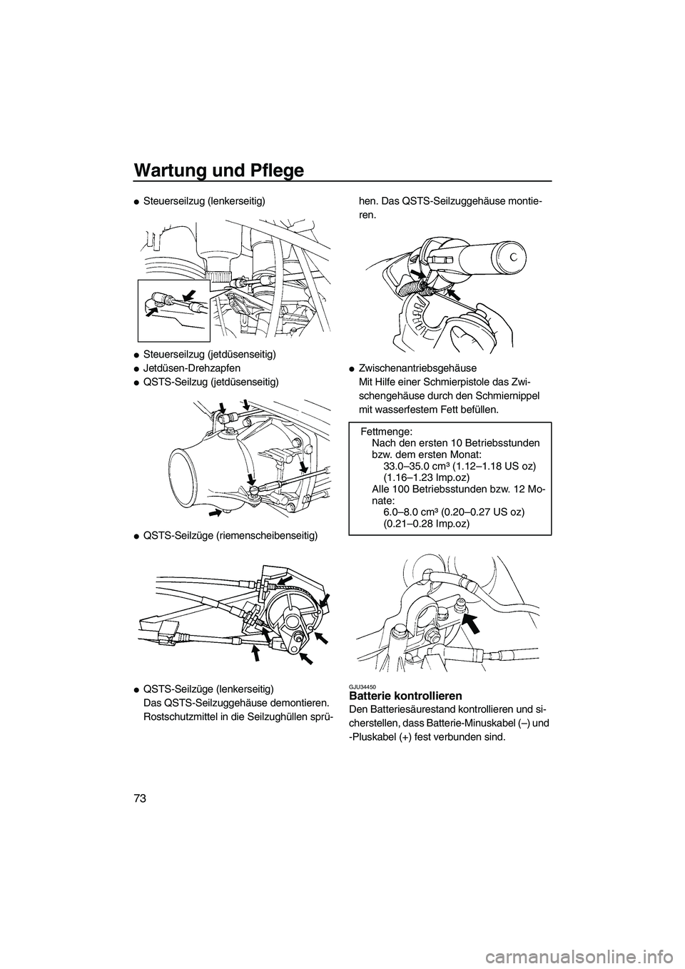 YAMAHA GP1300R 2007  Betriebsanleitungen (in German) Wartung und Pflege
73
Steuerseilzug (lenkerseitig)
Steuerseilzug (jetdüsenseitig)
Jetdüsen-Drehzapfen
QSTS-Seilzug (jetdüsenseitig)
QSTS-Seilzüge (riemenscheibenseitig)
QSTS-Seilzüge (lenke