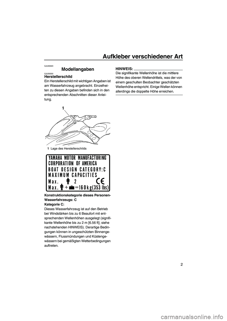 YAMAHA GP1300R 2007 Betriebsanleitungen (in German) Aufkleber verschiedener Art
2
GJU30320
Modellangaben GJU30330Herstellerschild
Ein Herstellerschild mit wichtigen Angaben ist
am Wasserfahrzeug angebracht. Einzelhei-
ten zu diesen Angaben befinden s YAMAHA GP1300R 2007 Betriebsanleitungen (in German) Aufkleber verschiedener Art
2
GJU30320
Modellangaben GJU30330Herstellerschild
Ein Herstellerschild mit wichtigen Angaben ist
am Wasserfahrzeug angebracht. Einzelhei-
ten zu diesen Angaben befinden s
