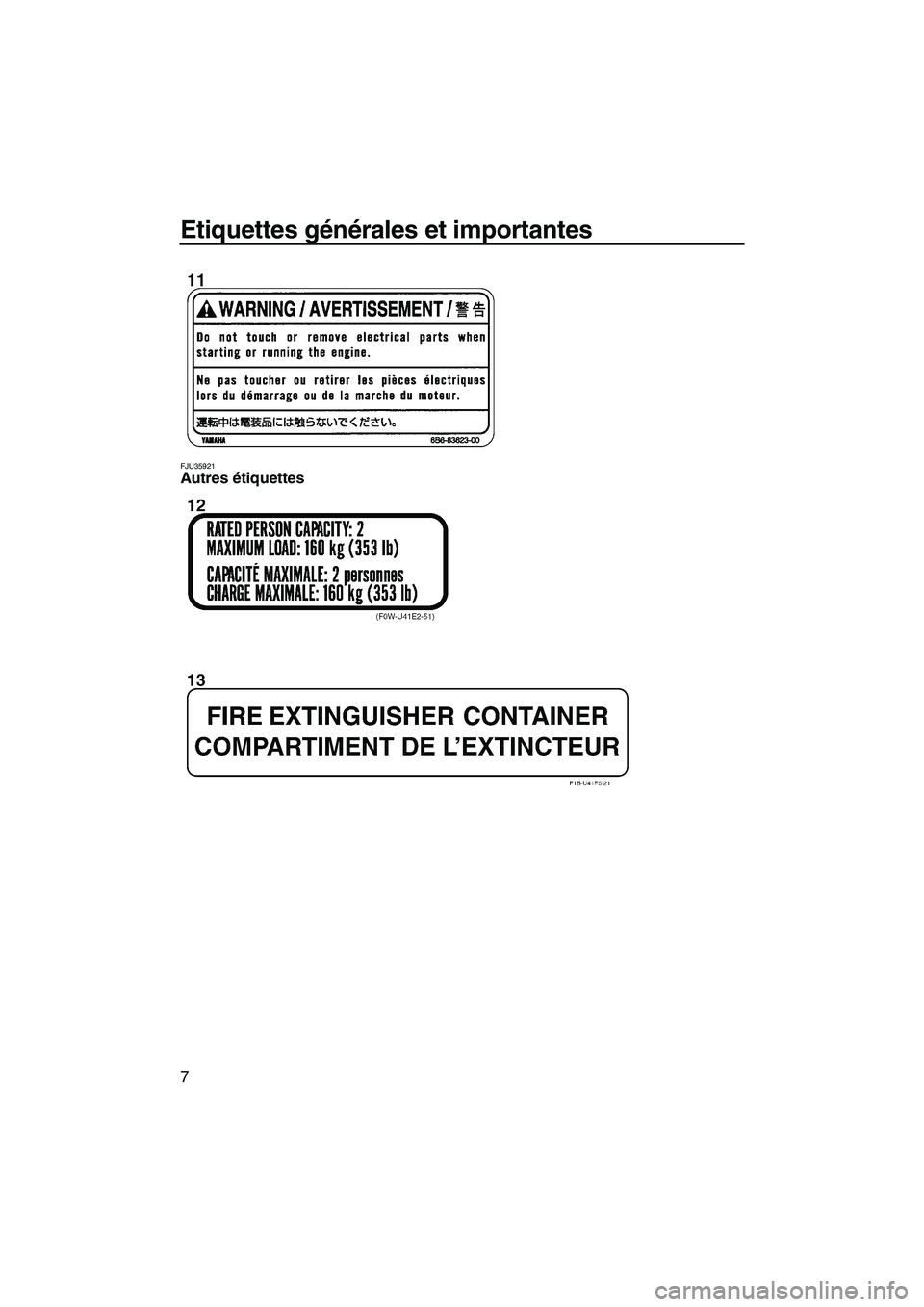 YAMAHA GP1300R 2007  Notices Demploi (in French) Etiquettes générales et importantes
7
FJU35921Autres étiquettes 
UF1G74F0.book  Page 7  Monday, July 31, 2006  9:47 AM 