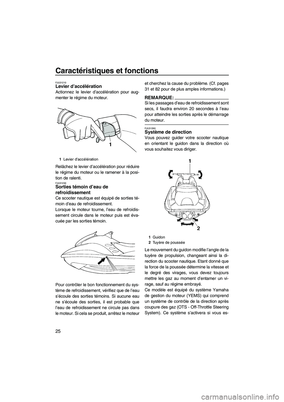 YAMAHA GP1300R 2007  Notices Demploi (in French) Caractéristiques et fonctions
25
FJU31210Levier d’accélération 
Actionnez le levier d’accélération pour aug-
menter le régime du moteur.
Relâchez le levier d’accélération pour réduire
