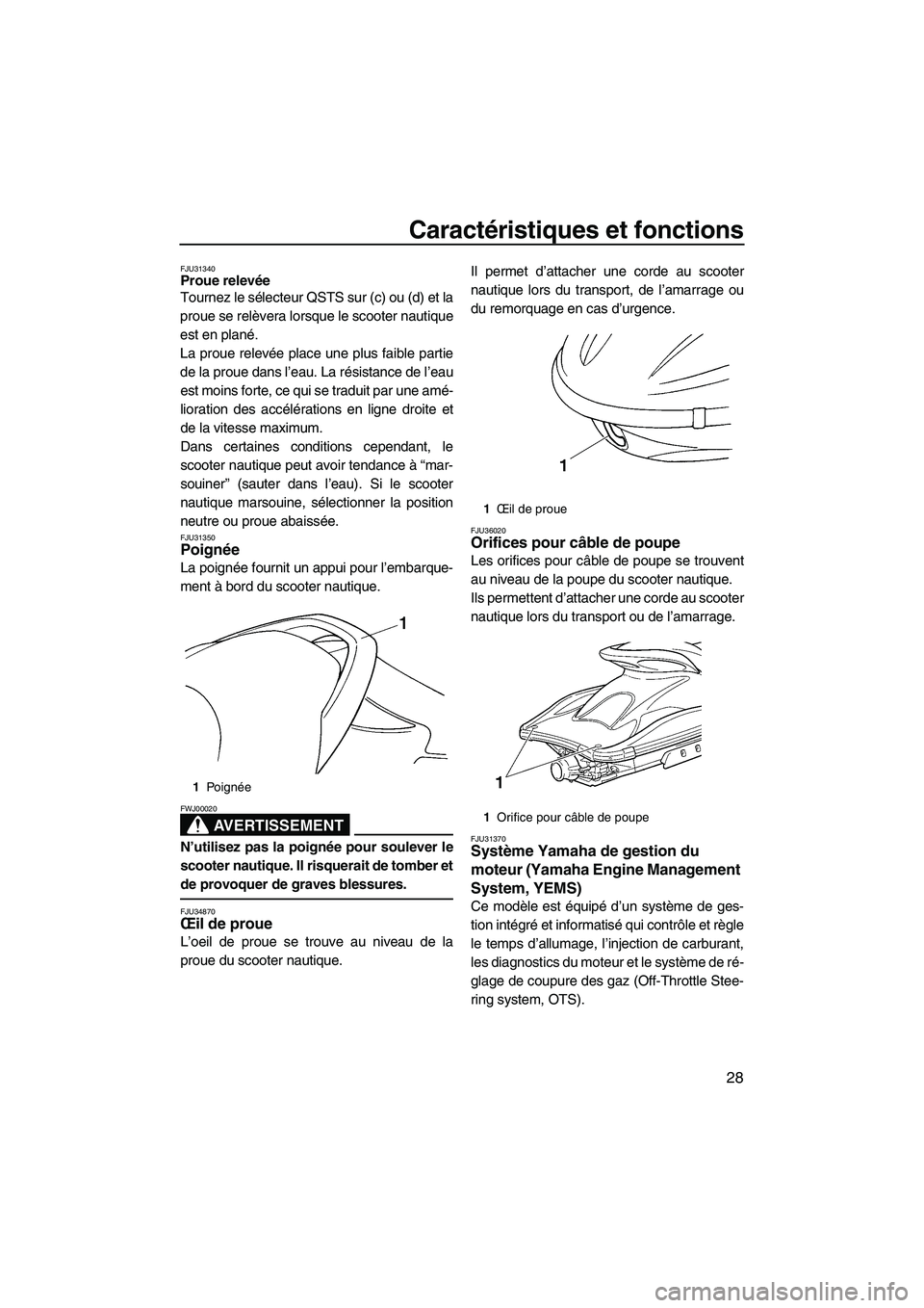 YAMAHA GP1300R 2007  Notices Demploi (in French) Caractéristiques et fonctions
28
FJU31340Proue relevée 
Tournez le sélecteur QSTS sur (c) ou (d) et la
proue se relèvera lorsque le scooter nautique
est en plané.
La proue relevée place une plus