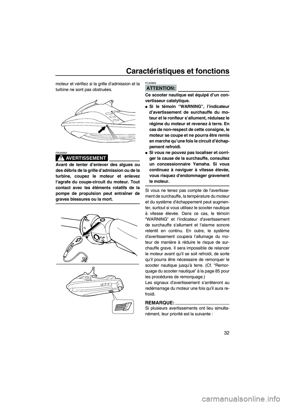 YAMAHA GP1300R 2007  Notices Demploi (in French) Caractéristiques et fonctions
32
moteur et vérifiez si la grille d’admission et la
turbine ne sont pas obstruées.
AVERTISSEMENT
FWJ00050
Avant de tenter d’enlever des algues ou
des débris de l
