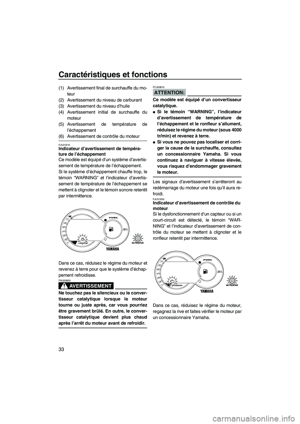 YAMAHA GP1300R 2007  Notices Demploi (in French) Caractéristiques et fonctions
33
(1) Avertissement final de surchauffe du mo-
teur
(2) Avertissement du niveau de carburant
(3) Avertissement du niveau d’huile
(4) Avertissement initial de surchauf