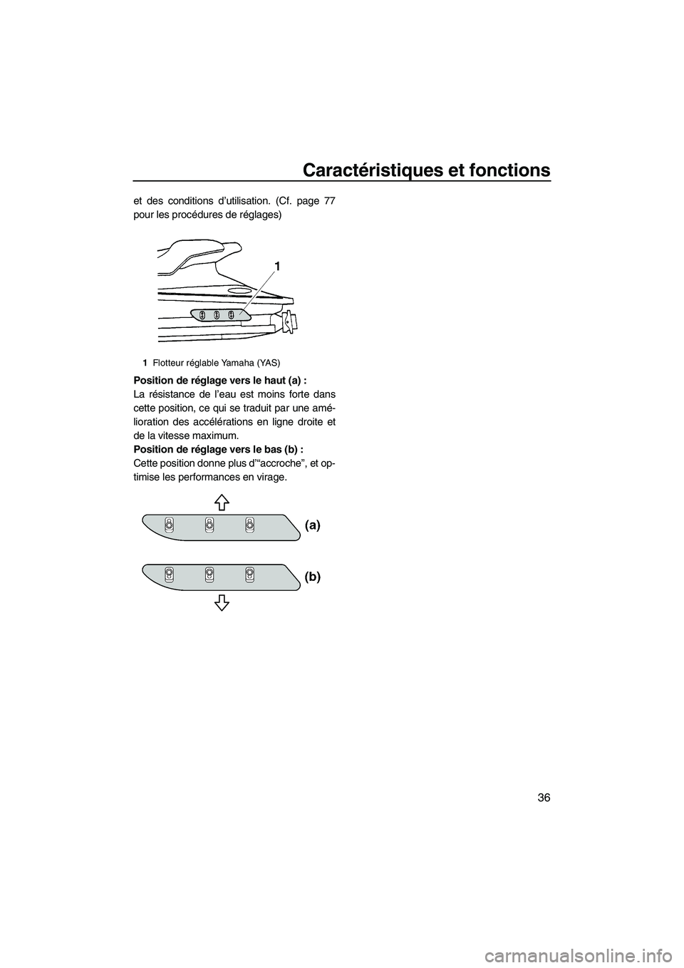 YAMAHA GP1300R 2007  Notices Demploi (in French) Caractéristiques et fonctions
36
et des conditions d’utilisation. (Cf. page 77
pour les procédures de réglages)
Position de réglage vers le haut (a) :
La résistance de l’eau est moins forte d