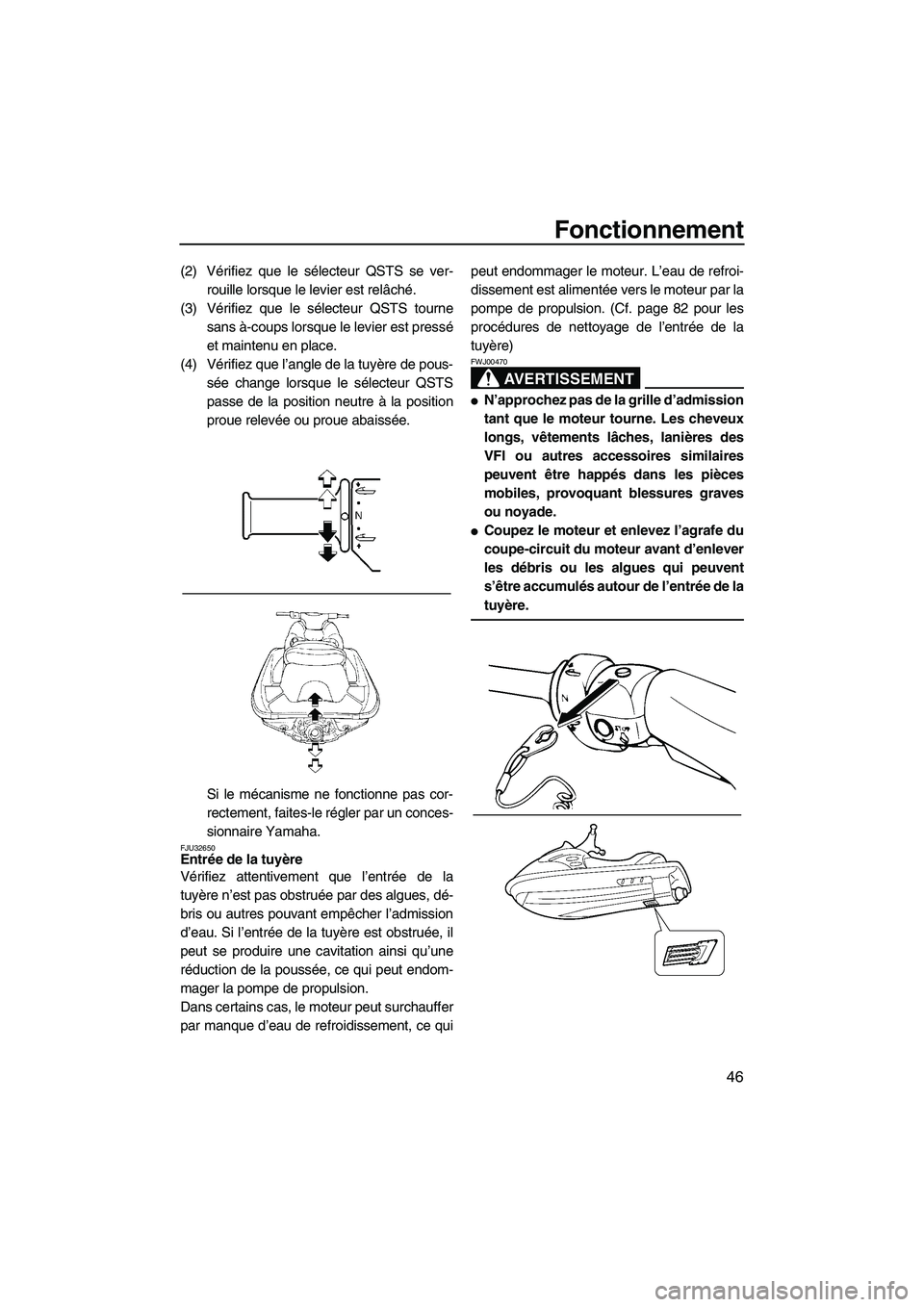 YAMAHA GP1300R 2007  Notices Demploi (in French) Fonctionnement
46
(2) Vérifiez que le sélecteur QSTS se ver-
rouille lorsque le levier est relâché.
(3) Vérifiez que le sélecteur QSTS tourne
sans à-coups lorsque le levier est pressé
et maint