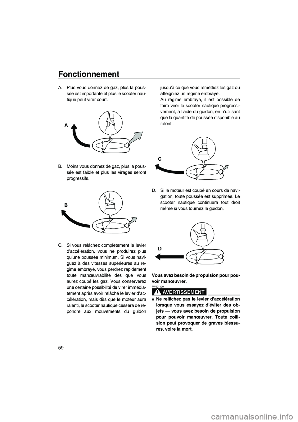 YAMAHA GP1300R 2007  Notices Demploi (in French) Fonctionnement
59
A. Plus vous donnez de gaz, plus la pous-
sée est importante et plus le scooter nau-
tique peut virer court.
B. Moins vous donnez de gaz, plus la pous-
sée est faible et plus les v
