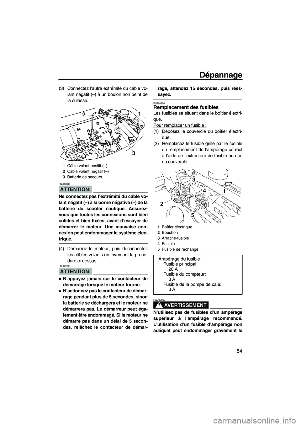 YAMAHA GP1300R 2007  Notices Demploi (in French) Dépannage
84
(3) Connectez l’autre extrémité du câble vo-
lant négatif (–) à un boulon non peint de
la culasse.
ATTENTION:
FCJ00680
Ne connectez pas l’extrémité du câble vo-
lant négat