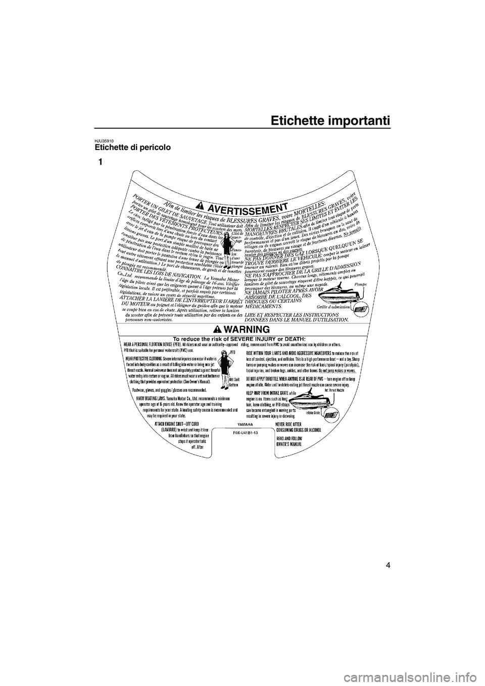 YAMAHA GP1300R 2007  Manuale duso (in Italian) Etichette importanti
4
HJU35910Etichette di pericolo 
UF1G74H0.book  Page 4  Tuesday, August 1, 2006  9:04 AM 