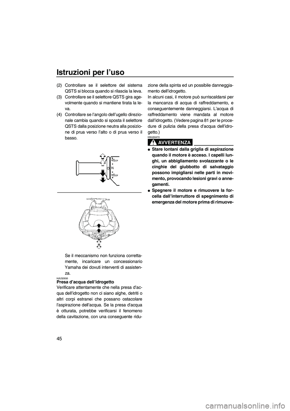 YAMAHA GP1300R 2007  Manuale duso (in Italian) Istruzioni per l’uso
45
(2) Controllare se il selettore del sistema
QSTS si blocca quando si rilascia la leva.
(3) Controllare se il selettore QSTS gira age-
volmente quando si mantiene tirata la le