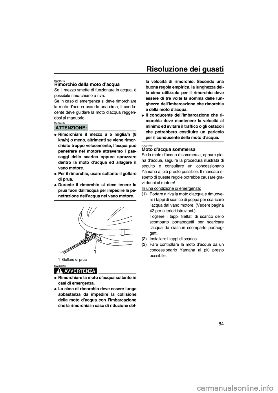 YAMAHA GP1300R 2007 Manuale duso (in Italian) Risoluzione dei guasti
84
HJU34710Rimorchio della moto d’acqua
Se il mezzo smette di funzionare in acqua, è
possibile rimorchiarlo a riva.
Se in caso di emergenza si deve rimorchiare
la moto d’a YAMAHA GP1300R 2007 Manuale duso (in Italian) Risoluzione dei guasti
84
HJU34710Rimorchio della moto d’acqua
Se il mezzo smette di funzionare in acqua, è
possibile rimorchiarlo a riva.
Se in caso di emergenza si deve rimorchiare
la moto d’a