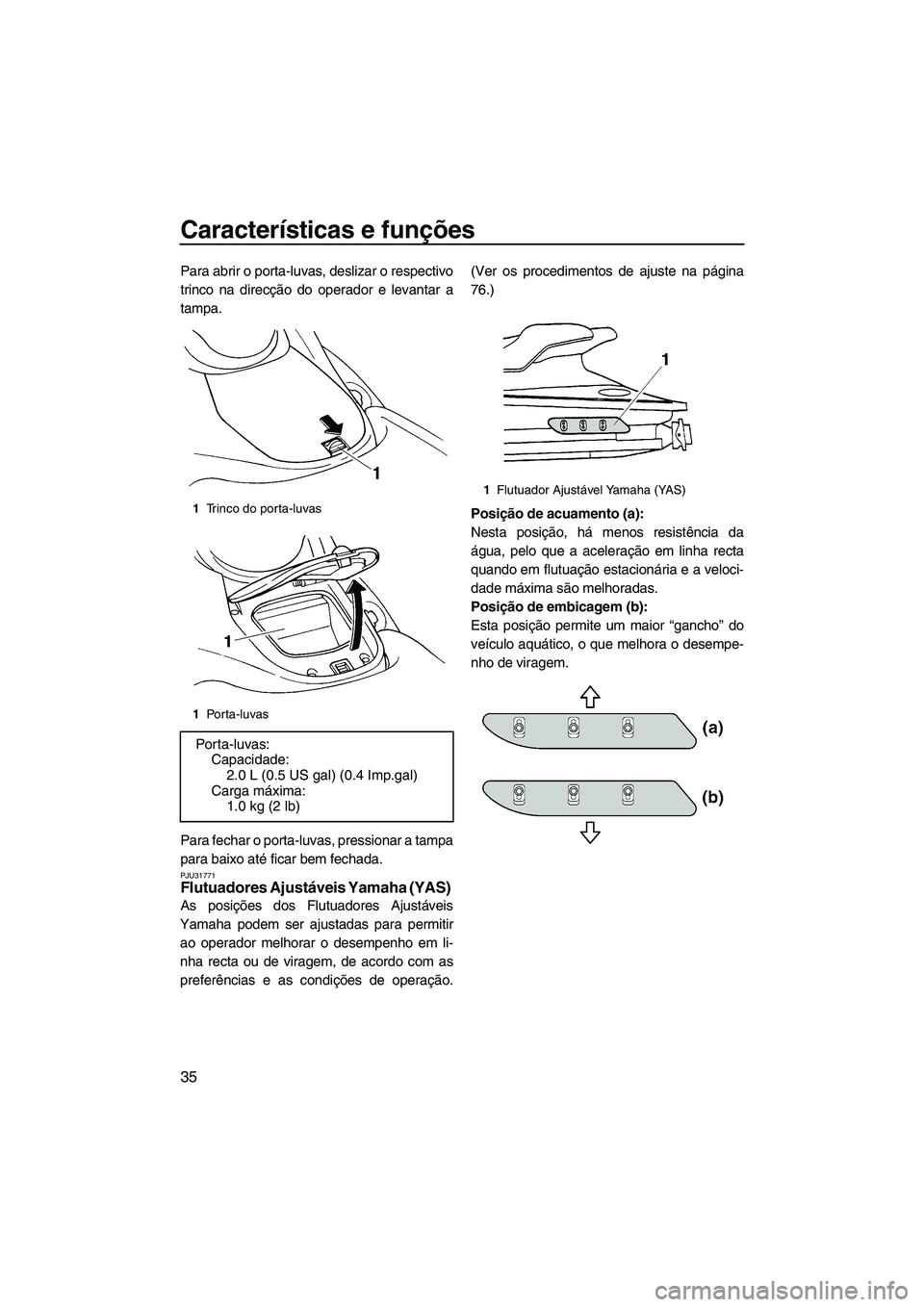 YAMAHA GP1300R 2007  Manual de utilização (in Portuguese) Características e funções
35
Para abrir o porta-luvas, deslizar o respectivo
trinco na direcção do operador e levantar a
tampa.
Para fechar o porta-luvas, pressionar a tampa
para baixo até ficar