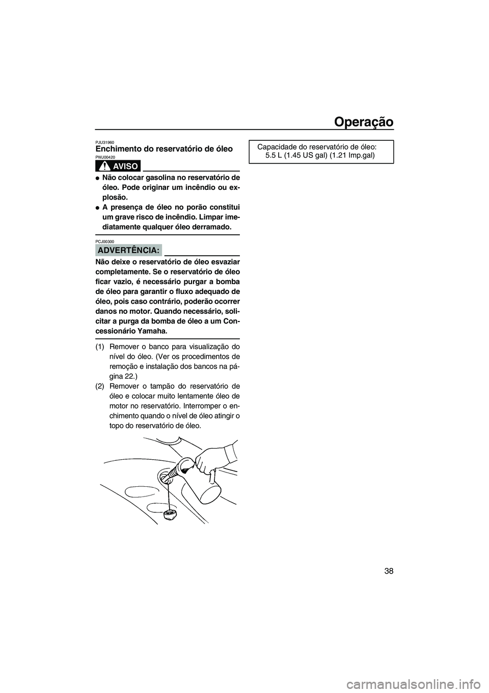 YAMAHA GP1300R 2007  Manual de utilização (in Portuguese) Operação
38
PJU31960Enchimento do reservatório de óleo 
AV I S O
PWJ00420
Não colocar gasolina no reservatório de
óleo. Pode originar um incêndio ou ex-
plosão.
A presença de óleo no por