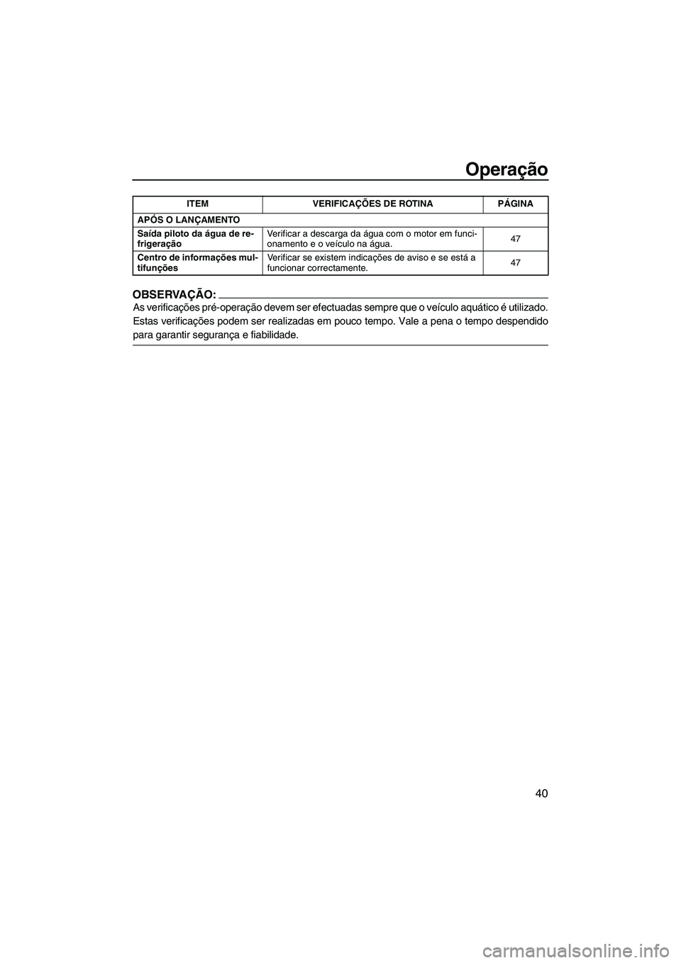 YAMAHA GP1300R 2007  Manual de utilização (in Portuguese) Operação
40
OBSERVAÇÃO:
As verificações pré-operação devem ser efectuadas sempre que o veículo aquático é utilizado.
Estas verificações podem ser realizadas em pouco tempo. Vale a pena o