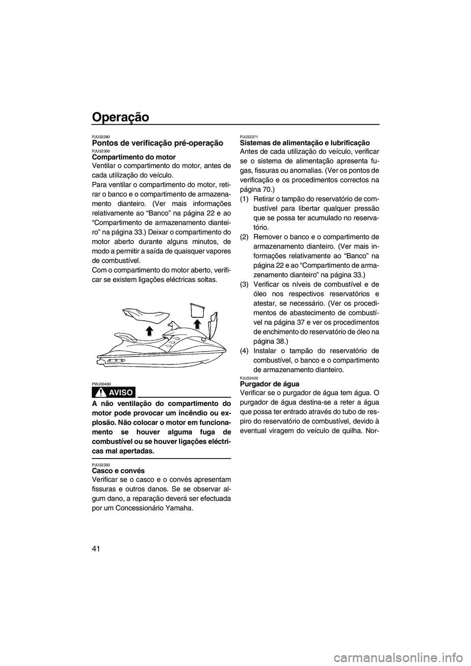 YAMAHA GP1300R 2007  Manual de utilização (in Portuguese) Operação
41
PJU32280Pontos de verificação pré-operação PJU32300Compartimento do motor 
Ventilar o compartimento do motor, antes de
cada utilização do veículo.
Para ventilar o compartimento d