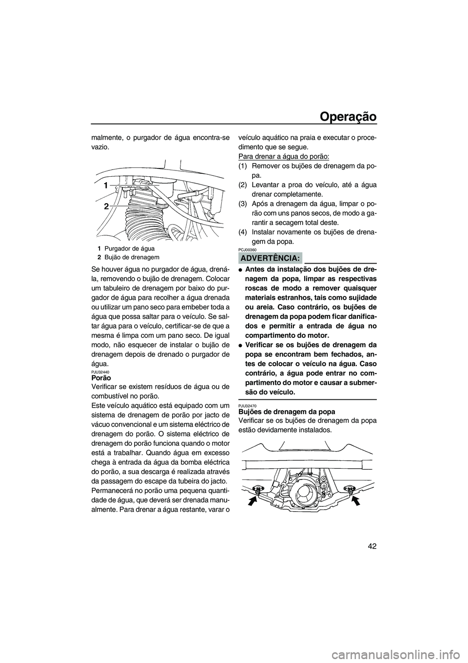 YAMAHA GP1300R 2007  Manual de utilização (in Portuguese) Operação
42
malmente, o purgador de água encontra-se
vazio.
Se houver água no purgador de água, drená-
la, removendo o bujão de drenagem. Colocar
um tabuleiro de drenagem por baixo do pur-
gado