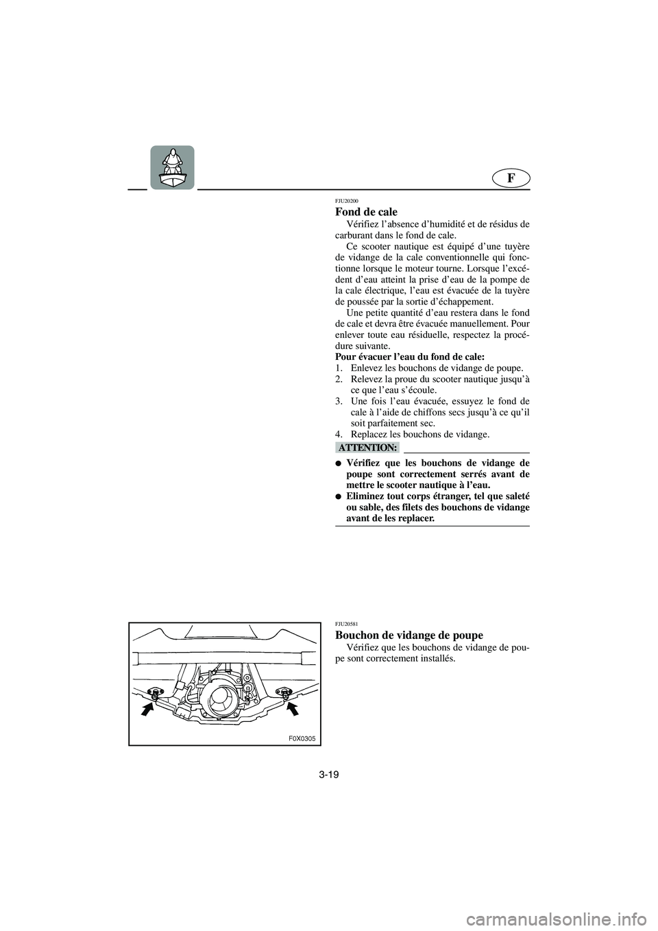 YAMAHA GP1300R 2006  Betriebsanleitungen (in German) 3-19
F
FJU20200
Fond de cale 
Vérifiez l’absence d’humidité et de résidus de
carburant dans le fond de cale.
Ce scooter nautique est équipé d’une tuyère
de vidange de la cale conventionnel