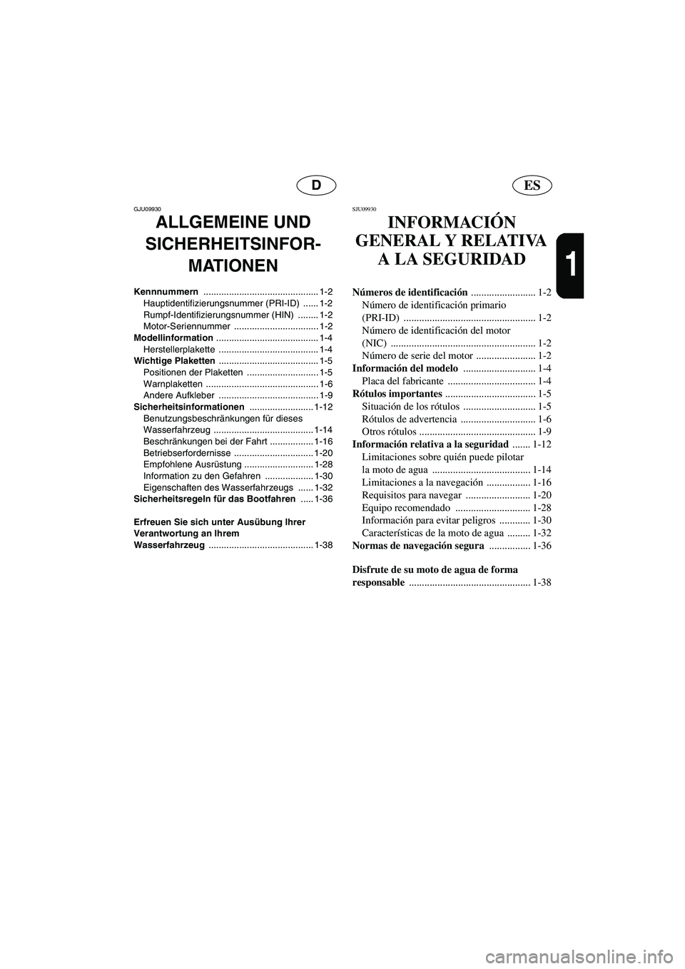 YAMAHA GP1300R 2006  Notices Demploi (in French) ESD
1
GJU09930 
ALLGEMEINE UND 
SICHERHEITSINFOR-
MATIONEN 
Kennnummern ............................................. 1-2
Hauptidentifizierungsnummer (PRI-ID)  ...... 1-2
Rumpf-Identifizierungsnummer 