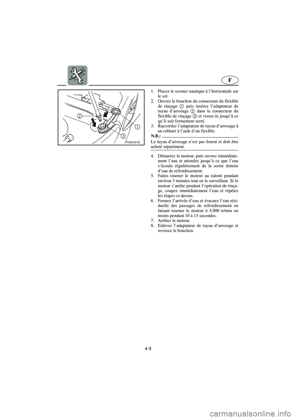 YAMAHA GP1300R 2006 Notices Demploi (in French) 4-3
F
1. Placez le scooter nautique à l’horizontale sur
le sol.
2. Ouvrez le bouchon du connecteur du flexible
de rinçage 1 puis insérez l’adaptateur de
tuyau d’arrosage 2 dans le connecteur YAMAHA GP1300R 2006 Notices Demploi (in French) 4-3
F
1. Placez le scooter nautique à l’horizontale sur
le sol.
2. Ouvrez le bouchon du connecteur du flexible
de rinçage 1 puis insérez l’adaptateur de
tuyau d’arrosage 2 dans le connecteur