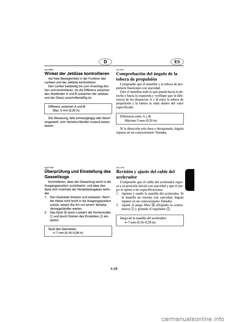 YAMAHA GP1300R 2006  Notices Demploi (in French) 4-28
ESD
GJU18891
Winkel der Jetdüse kontrollieren 
Auf freie Beweglichkeit in der Funktion des 
Lenkers und der Jetdüse kontrollieren. 
Den Lenker beidseitig bis zum Anschlag dre-
hen und kontrolli