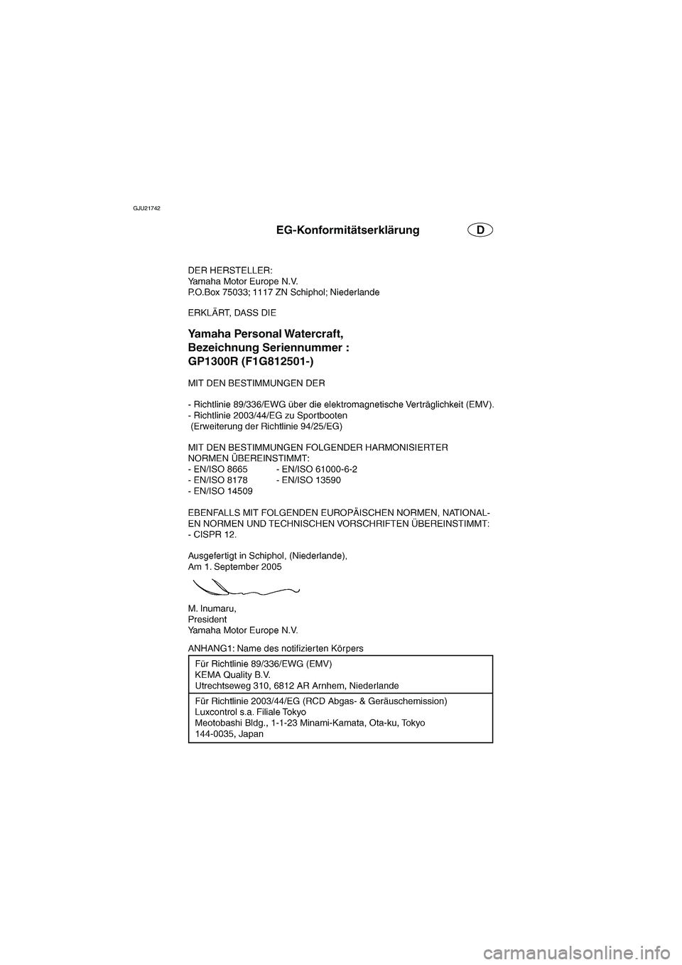 YAMAHA GP1300R 2006  Manuale de Empleo (in Spanish) GJU21742
EC06-1GG
A_F1G80.book  Page 1  Wednesday, July 27, 2005  7:22 PM 