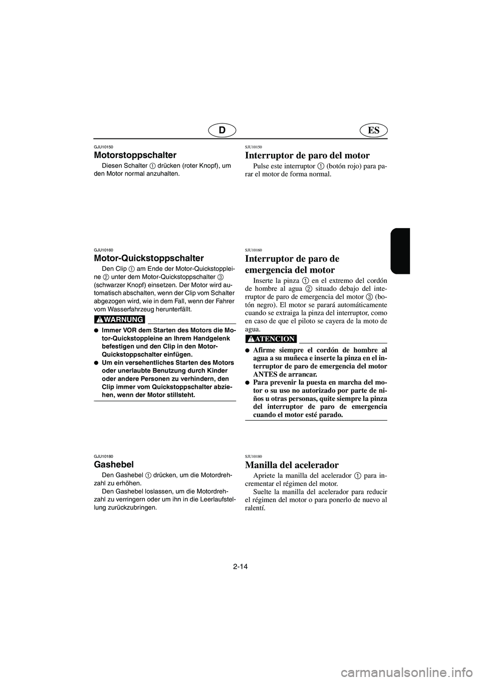 YAMAHA GP1300R 2006  Notices Demploi (in French) 2-14
ESD
GJU10150 
Motorstoppschalter  
Diesen Schalter 1
 drücken (roter Knopf), um 
den Motor normal anzuhalten. 
GJU10160 
Motor-Quickstoppschalter  
Den Clip 1
 am Ende der Motor-Quickstopplei-
n