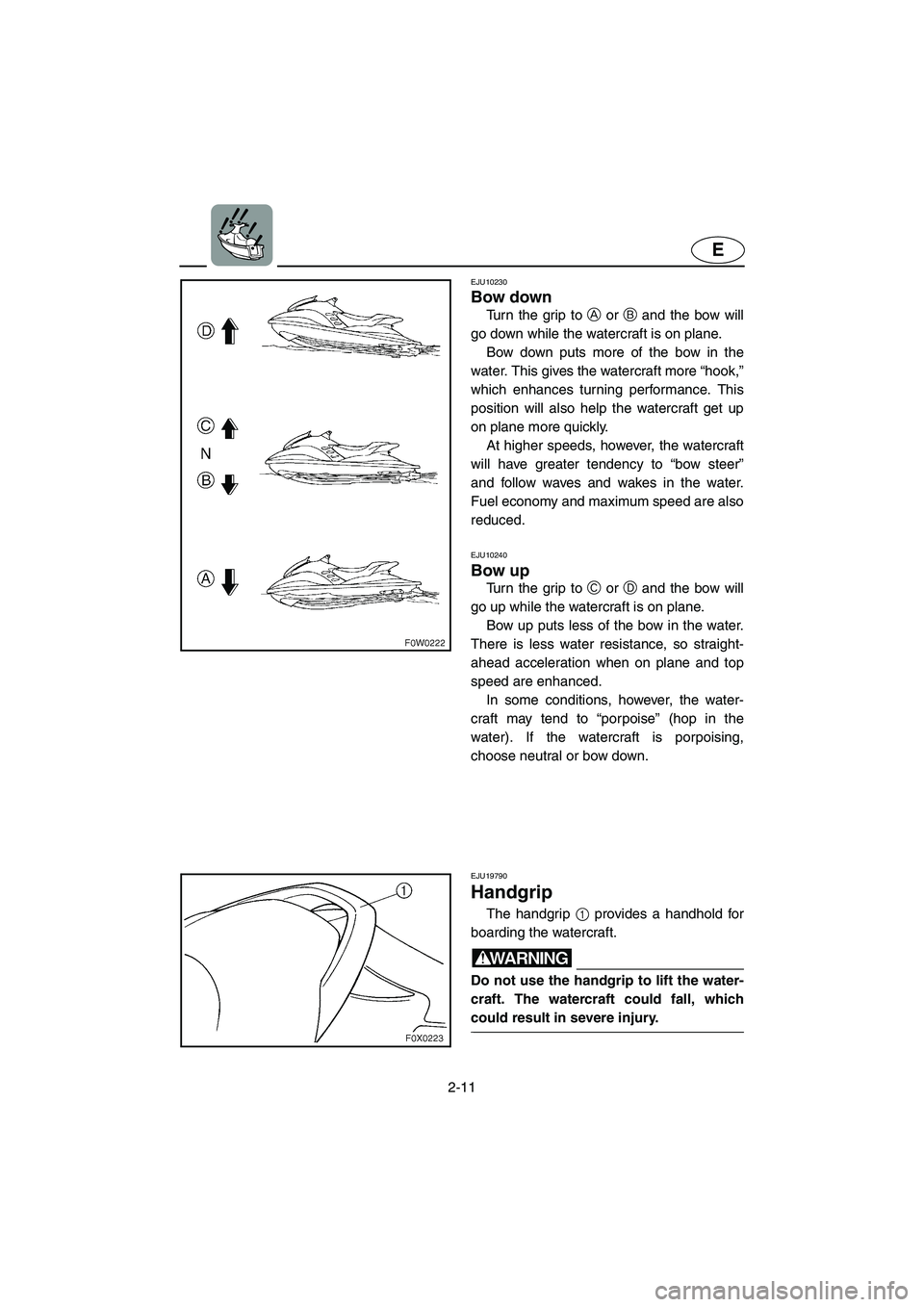 YAMAHA GP1300R 2005  Owners Manual 2-11
E
EJU10230 
Bow down  
Turn the grip to A or B and the bow will
go down while the watercraft is on plane. 
Bow down puts more of the bow in the
water. This gives the watercraft more “hook,”
w