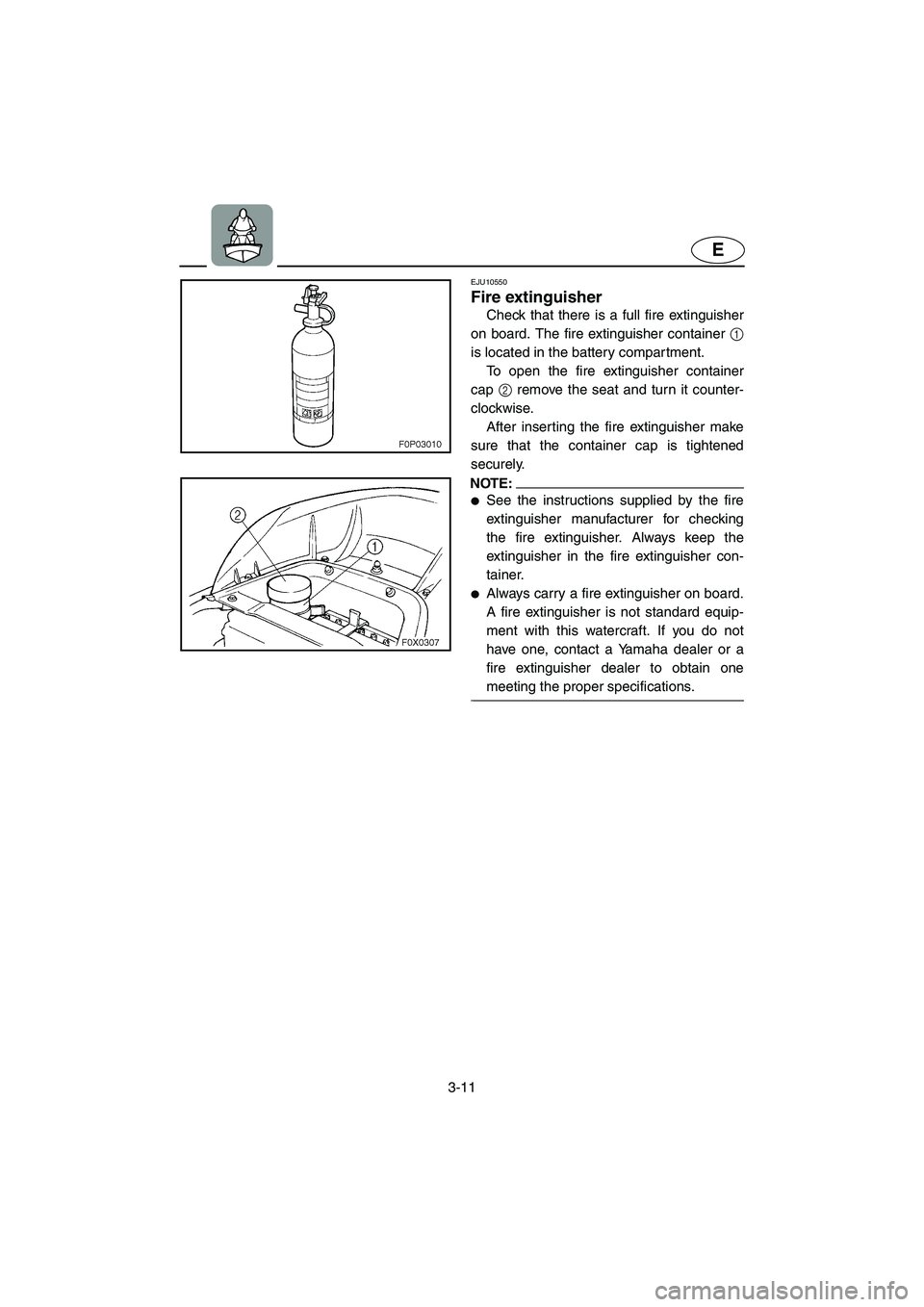 YAMAHA GP1300R 2005  Owners Manual 3-11
E
EJU10550 
Fire extinguisher  
Check that there is a full fire extinguisher
on board. The fire extinguisher container 1
is located in the battery compartment. 
To open the fire extinguisher cont