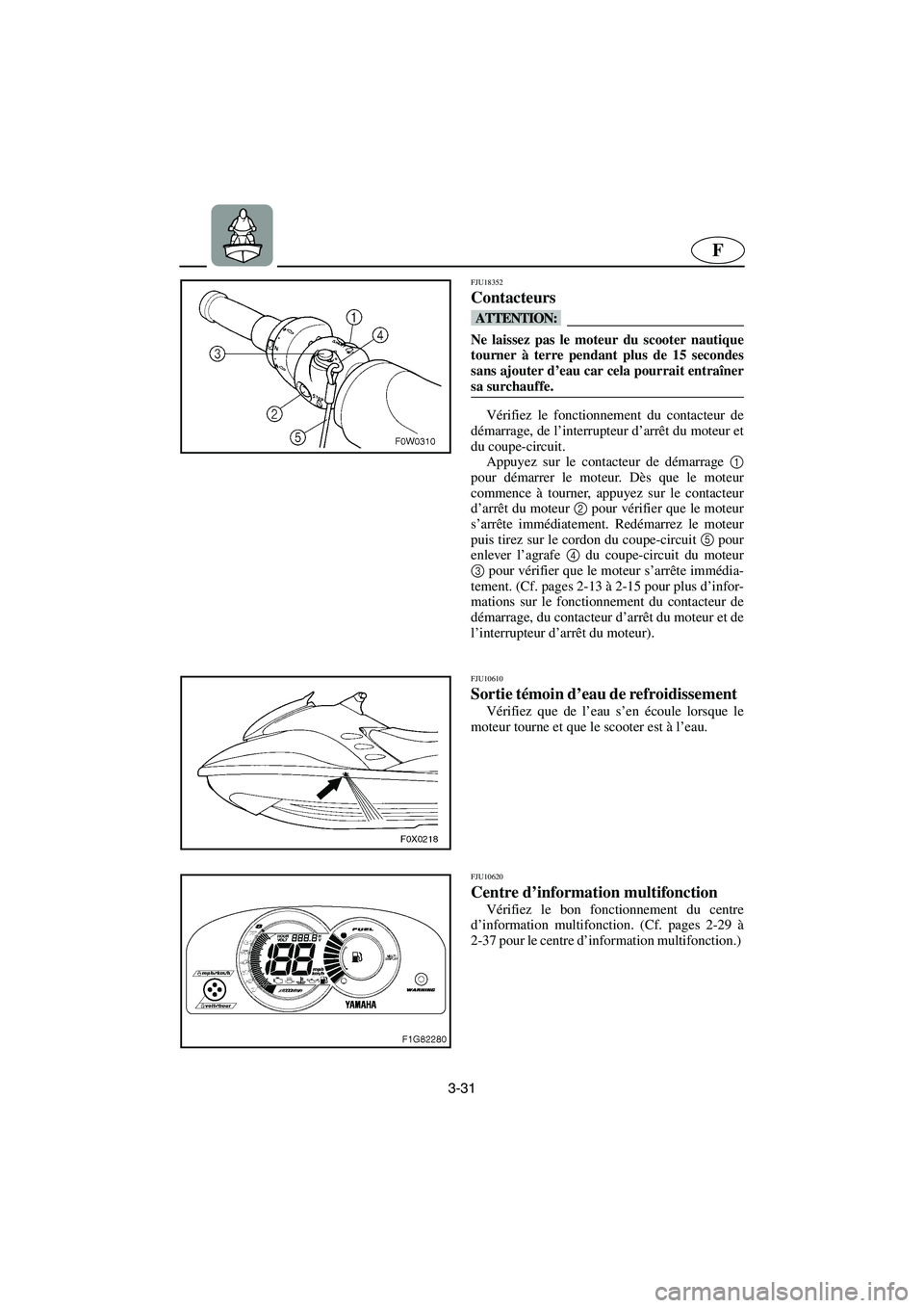 YAMAHA GP1300R 2005  Manuale de Empleo (in Spanish) 3-31
F
FJU18352
Contacteurs 
@ Ne laissez pas le moteur du scooter nautique
tourner à terre pendant plus de 15 secondes
sans ajouter d’eau car cela pourrait entraîner
sa surchauffe. 
@
Vérifiez l