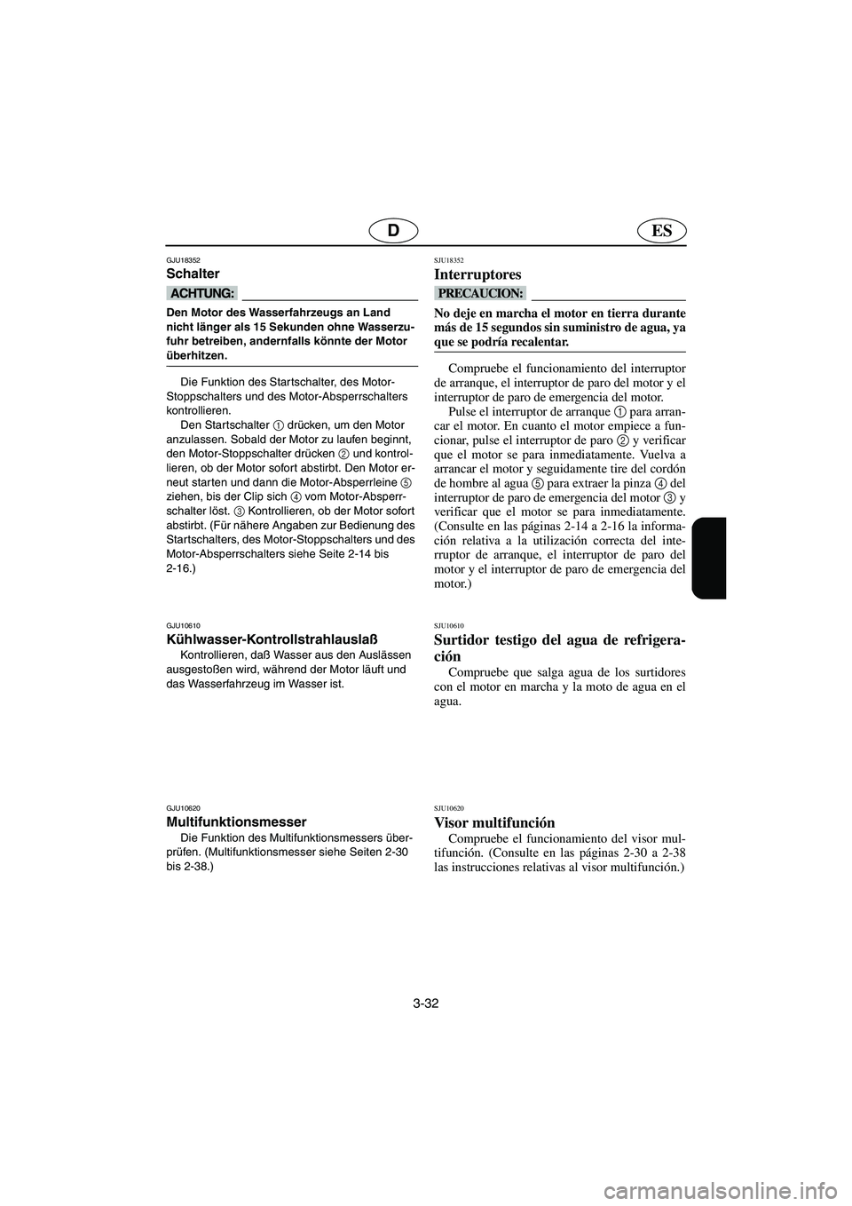 YAMAHA GP1300R 2005  Notices Demploi (in French) 3-32
ESD
GJU18352
Schalter 
@ Den Motor des Wasserfahrzeugs an Land 
nicht länger als 15 Sekunden ohne Wasserzu-
fuhr betreiben, andernfalls könnte der Motor 
überhitzen. 
@
Die Funktion des Starts