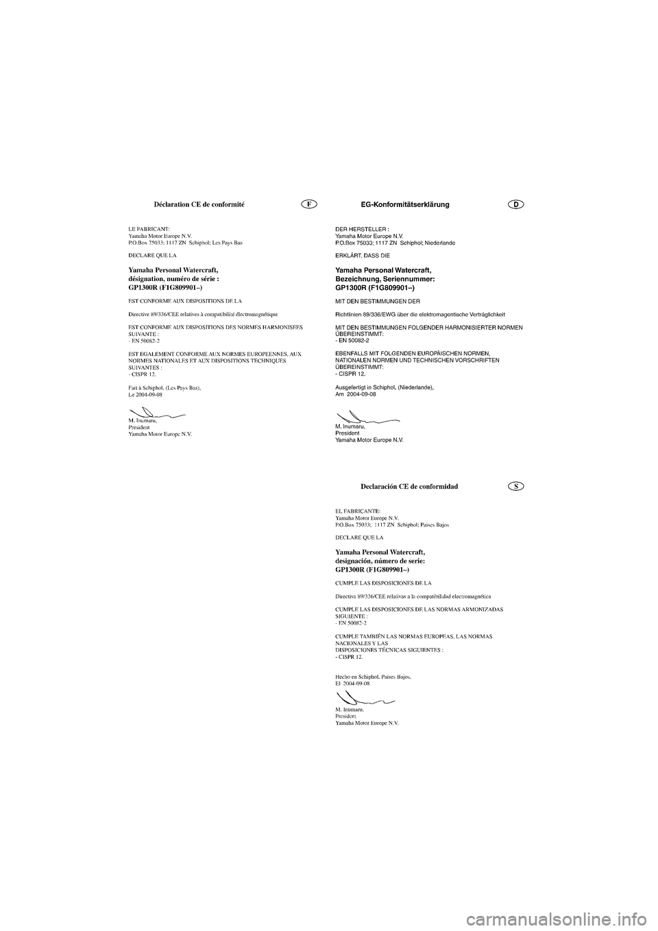 YAMAHA GP1300R 2005 Notices Demploi (in French) UF1G82A0.book Page 1 Tuesday, October 5, 2004 9:56 AM YAMAHA GP1300R 2005 Notices Demploi (in French) UF1G82A0.book Page 1 Tuesday, October 5, 2004 9:56 AM