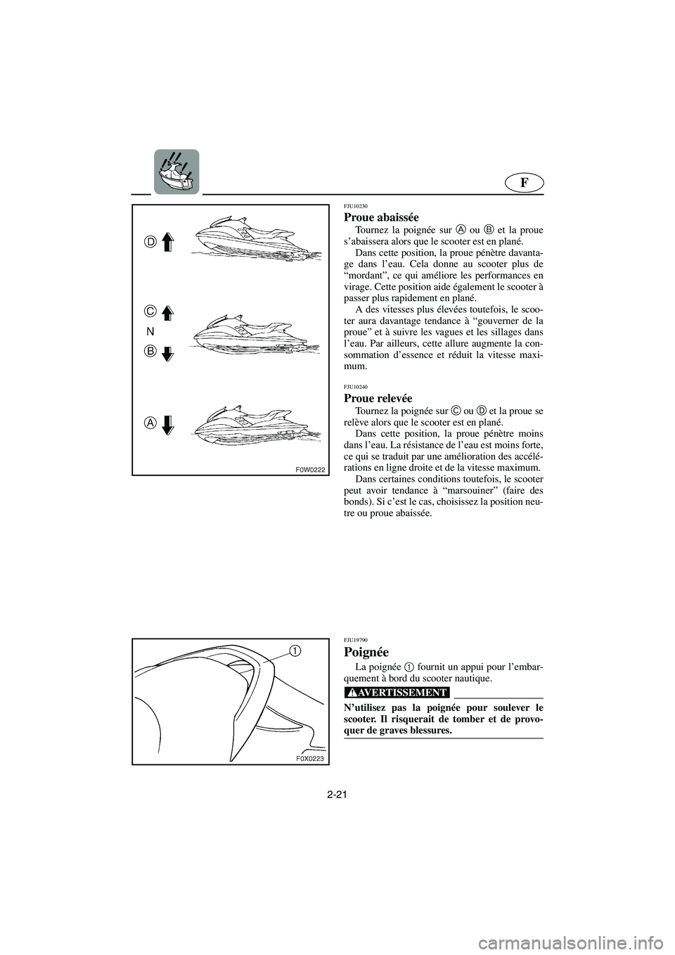 YAMAHA GP1300R 2005  Manuale de Empleo (in Spanish) 2-21
F
FJU10230 
Proue abaissée  
Tournez la poignée sur A
 ou B
 et la proue
s’abaissera alors que le scooter est en plané. 
Dans cette position, la proue pénètre davanta-
ge dans l’eau. Cel