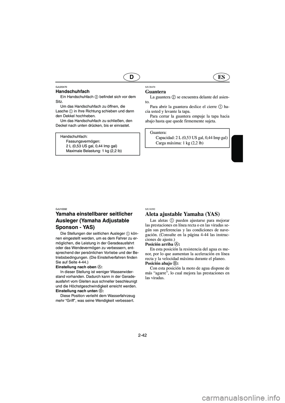 YAMAHA GP1300R 2005  Manuale de Empleo (in Spanish) 2-42
ESD
GJU20470 
Handschuhfach  
Ein Handschuhfach 2
 befindet sich vor dem 
Sitz. 
Um das Handschuhfach zu öffnen, die 
Lasche1
 in Ihre Richtung schieben und dann 
den Dekkel hochheben. 
Um das H