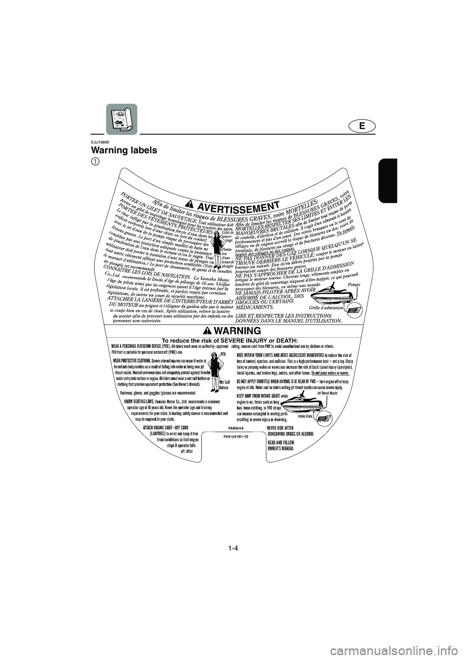 YAMAHA GP1300R 2003 Owners Manual 1-4
E
EJU19890
Warning labels
1
UF1G70.book Page 4 Wednesday, December 18, 2002 3:35 PM YAMAHA GP1300R 2003 Owners Manual 1-4
E
EJU19890
Warning labels
1
UF1G70.book Page 4 Wednesday, December 18, 2002 3:35 PM