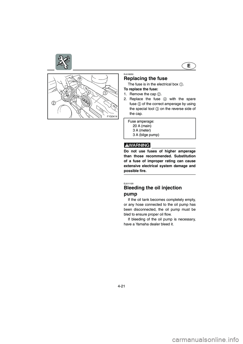 YAMAHA GP1300R 2003 Owners Manual 4-21
E
EJU18250
Replacing the fuse
The fuse is in the electrical box 1.
To replace the fuse:
1. Remove the cap 2.
2. Replace the fuse 4 with the spare
fuse5 of the correct amperage by using
the sp YAMAHA GP1300R 2003 Owners Manual 4-21
E
EJU18250
Replacing the fuse
The fuse is in the electrical box 1.
To replace the fuse:
1. Remove the cap 2.
2. Replace the fuse 4 with the spare
fuse5 of the correct amperage by using
the sp
