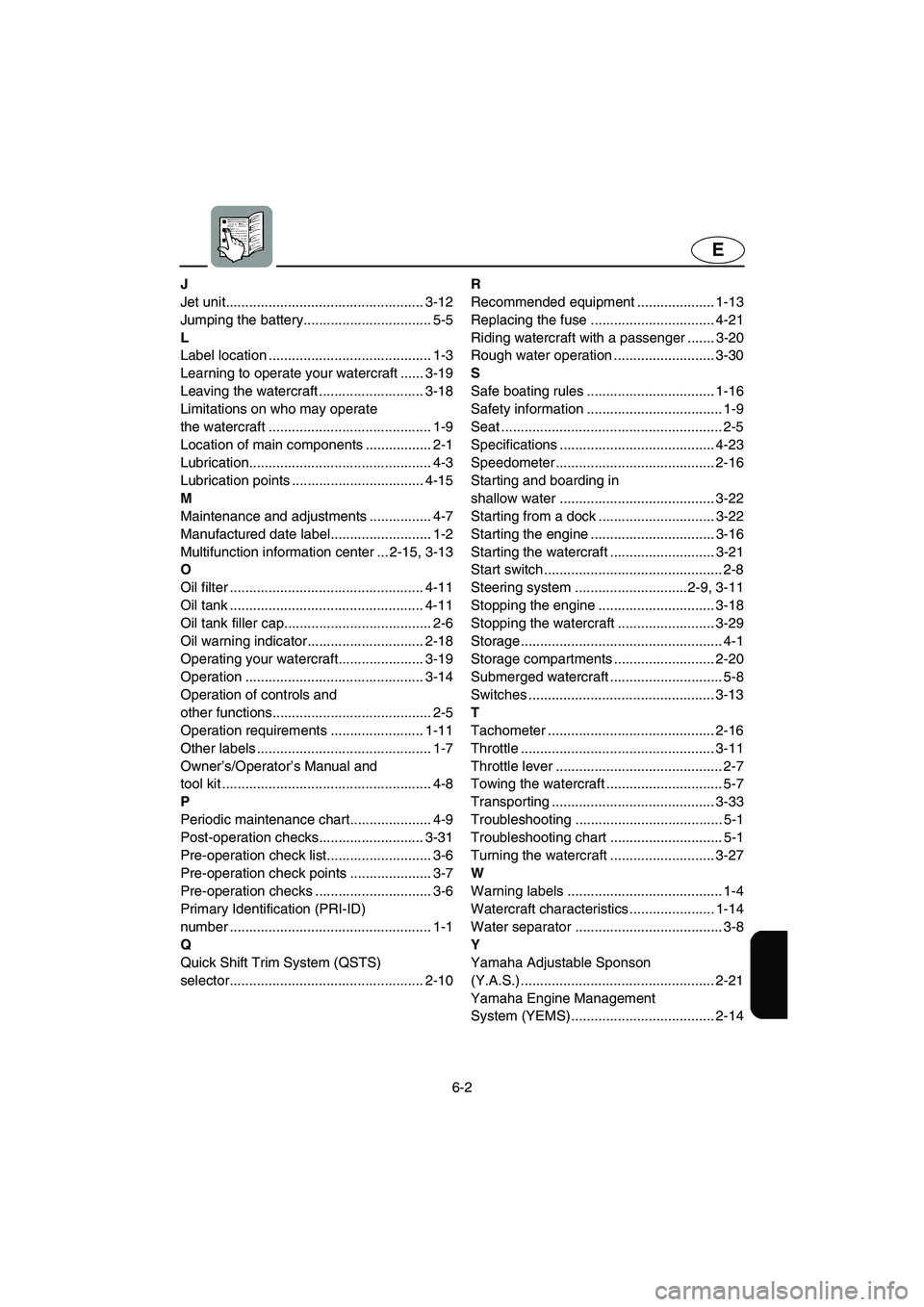 YAMAHA GP1300R 2003  Owners Manual 6-2
E
J
Jet unit................................................... 3-12
Jumping the battery................................. 5-5
L
Label location .......................................... 1-3
Learni