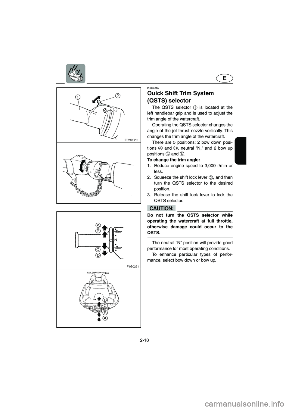 YAMAHA GP1300R 2003 User Guide 2-10
E
EJU10220
Quick Shift Trim System 
(QSTS) selector 
The QSTS selector 1 is located at the
left handlebar grip and is used to adjust the
trim angle of the watercraft. 
Operating the QSTS selector