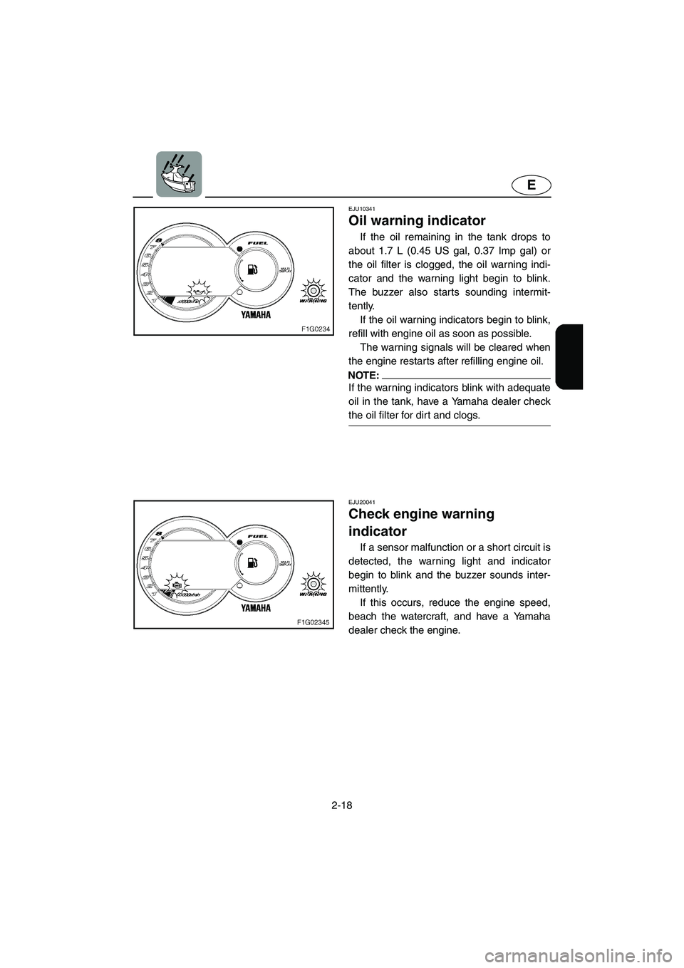 YAMAHA GP1300R 2003 Owners Manual 2-18
E
EJU10341
Oil warning indicator
If the oil remaining in the tank drops to
about 1.7 L (0.45 US gal, 0.37 Imp gal) or
the oil filter is clogged, the oil warning indi-
cator and the warning ligh YAMAHA GP1300R 2003 Owners Manual 2-18
E
EJU10341
Oil warning indicator
If the oil remaining in the tank drops to
about 1.7 L (0.45 US gal, 0.37 Imp gal) or
the oil filter is clogged, the oil warning indi-
cator and the warning ligh