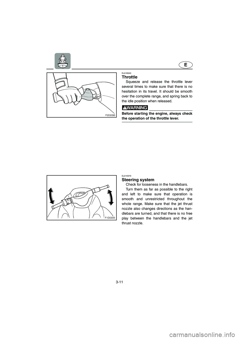 YAMAHA GP1300R 2003 User Guide 3-11
E
EJU18340 
Throttle 
Squeeze and release the throttle lever
several times to make sure that there is no
hesitation in its travel. It should be smooth
over the complete range, and spring back to
