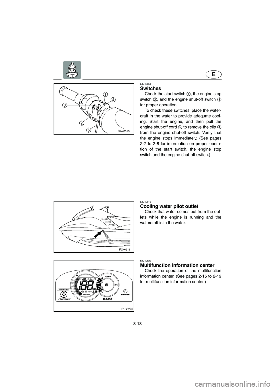 YAMAHA GP1300R 2003 Workshop Manual 3-13
E
EJU18350 
Switches 
Check the start switch 1, the engine stop
switch 2, and the engine shut-off switch 3
for proper operation. 
To check these switches, place the water-
craft in the water to p