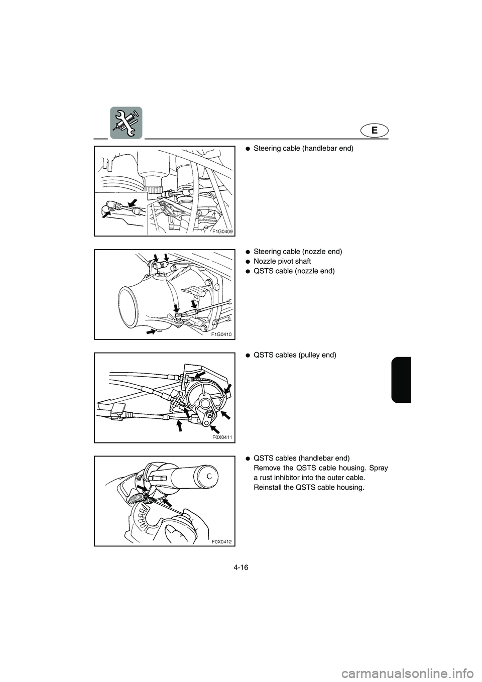 YAMAHA GP1300R 2003 User Guide 4-16
E
Steering cable (handlebar end) 
Steering cable (nozzle end) 
Nozzle pivot shaft 
QSTS cable (nozzle end) 
QSTS cables (pulley end) 
QSTS cables (handlebar end) 
Remove the QSTS cable hous