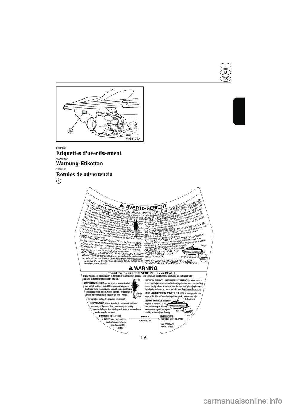 YAMAHA GP1300R 2003  Manuale de Empleo (in Spanish) 1-6
D
F
ES
FJU19890
Etiquettes d’avertissement GJU19890
Warnung-Etiketten SJU19890 
Rótulos de advertencia 
1
UF1G80A0.book  Page 6  Thursday, December 19, 2002  4:18 PM 