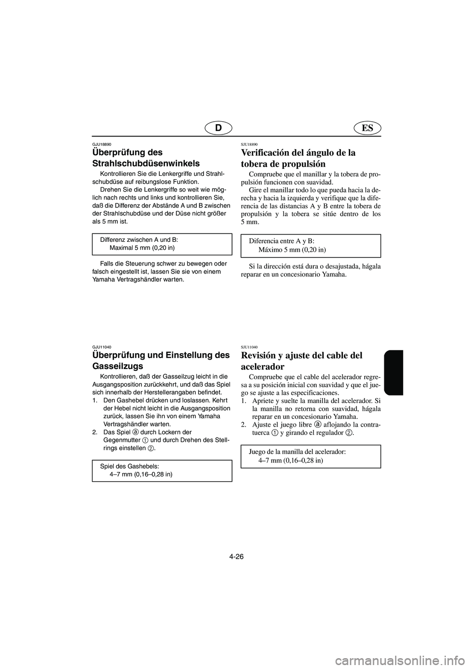 YAMAHA GP1300R 2003  Notices Demploi (in French) 4-26
ESD
GJU18890 
Überprüfung des 
Strahlschubdüsenwinkels  
Kontrollieren Sie die Lenkergriffe und Strahl-
schubdüse auf reibungslose Funktion. 
Drehen Sie die Lenkergriffe so weit wie mög-
lic