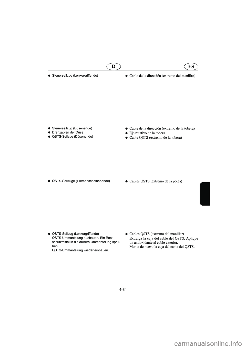 YAMAHA GP1300R 2003  Betriebsanleitungen (in German) 4-34
ESD
Steuerseilzug (Lenkergriffende) 
Steuerseilzug (Düsenende) Drehzapfen der Düse 
QSTS-Seilzug (Düsenende) 
QSTS-Seilzüge (Riemenscheibenende) 
QSTS-Seilzug (Lenkergriffende) 
QSTS-Um