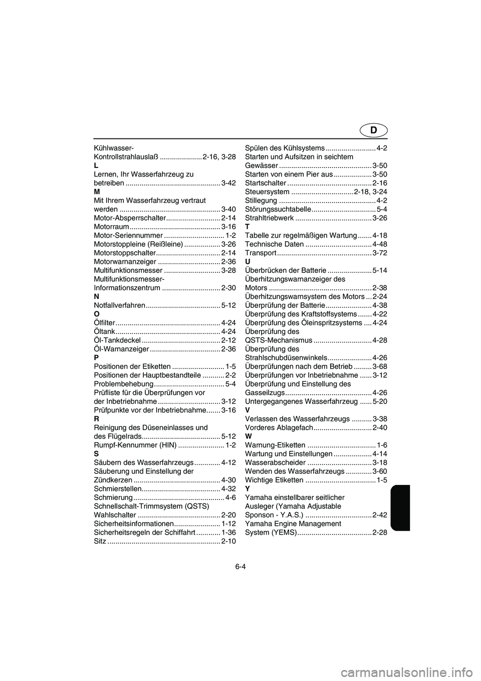 YAMAHA GP1300R 2003  Betriebsanleitungen (in German) 6-4
D
Kühlwasser-
Kontrollstrahlauslaß..................... 2-16, 3-28
L
Lernen, Ihr Wasserfahrzeug zu 
betreiben ............................................... 3-42
M
Mit Ihrem Wasserfahrzeug vert