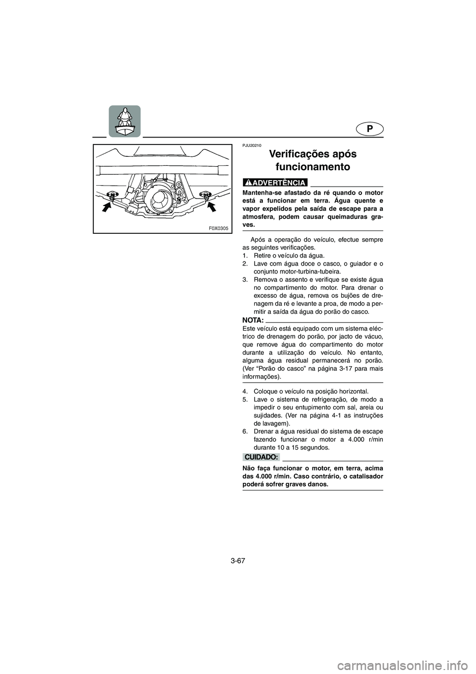 YAMAHA GP1300R 2003 Manuale duso (in Italian) 3-67
P
PJU20210
Ve r i f i c ações após
funcionamento
@ Mantenha-se afastado da ré quando o motor
está a funcionar em terra. Água quente e
vapor expelidos pela saída de escape para a
atmosfer YAMAHA GP1300R 2003 Manuale duso (in Italian) 3-67
P
PJU20210
Ve r i f i c ações após
funcionamento
@ Mantenha-se afastado da ré quando o motor
está a funcionar em terra. Água quente e
vapor expelidos pela saída de escape para a
atmosfer