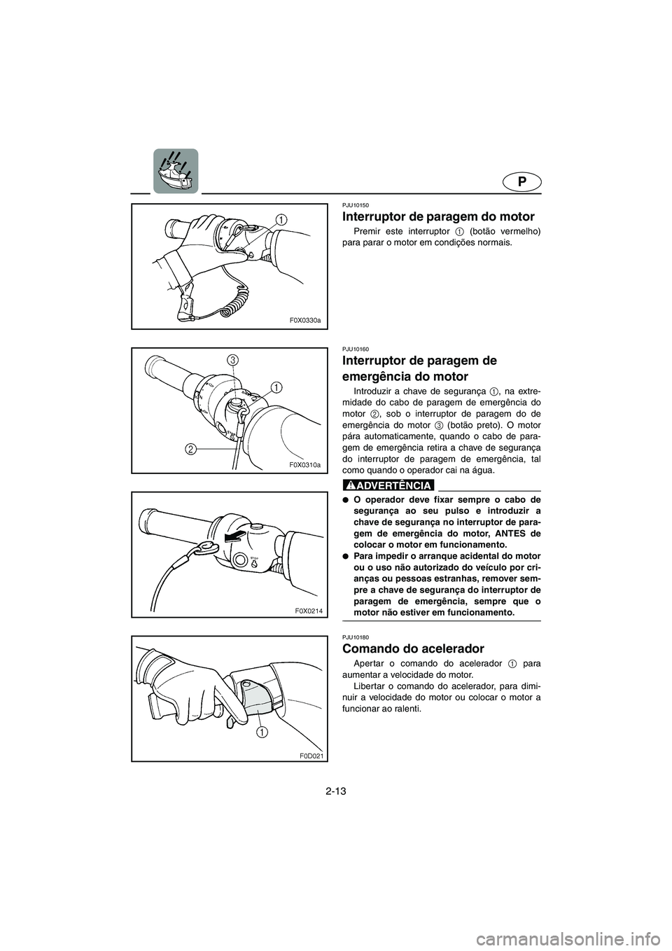 YAMAHA GP1300R 2003 Manuale duso (in Italian) 2-13
P
PJU10150
Interruptor de paragem do motor
Premir este interruptor 1
(botão vermelho)
para parar o motor em condições normais.
PJU10160
Interruptor de paragem de
emergência do motor
YAMAHA GP1300R 2003 Manuale duso (in Italian) 2-13
P
PJU10150
Interruptor de paragem do motor
Premir este interruptor 1
(botão vermelho)
para parar o motor em condições normais.
PJU10160
Interruptor de paragem de
emergência do motor