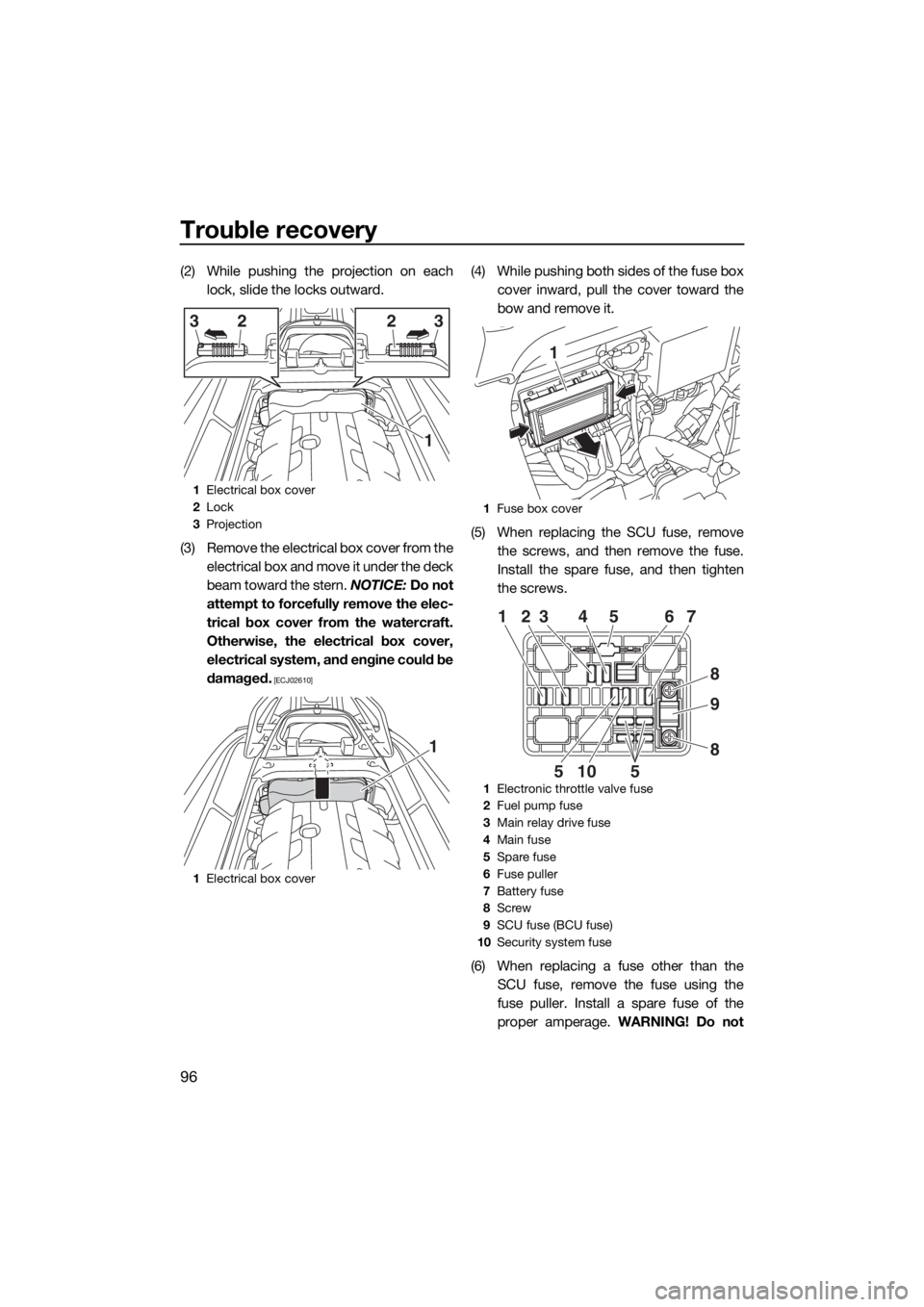 YAMAHA GP1800 2018 Owners Manual Trouble recovery
96
(2) While pushing the projection on each
lock, slide the locks outward.
(3) Remove the electrical box cover from the
electrical box and move it under the deck
beam toward the stern YAMAHA GP1800 2018 Owners Manual Trouble recovery
96
(2) While pushing the projection on each
lock, slide the locks outward.
(3) Remove the electrical box cover from the
electrical box and move it under the deck
beam toward the stern