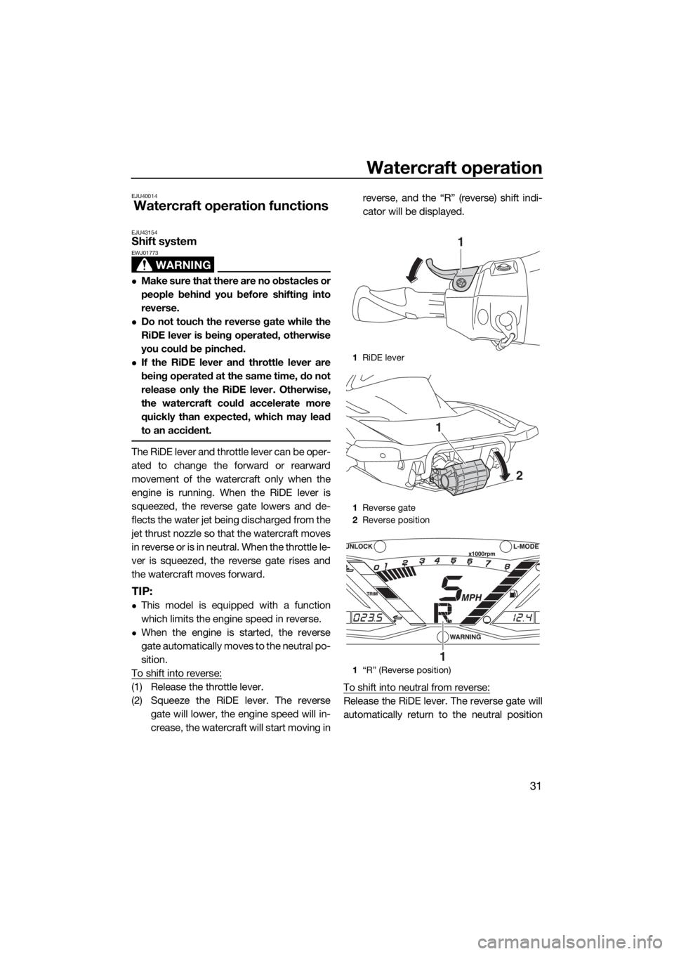 YAMAHA GP1800 2018 Owners Guide Watercraft operation
31
EJU40014
Watercraft operation functions
EJU43154Shift system
WARNING
EWJ01773
Make sure that there are no obstacles or
people behind you before shifting into
reverse.
Do YAMAHA GP1800 2018 Owners Guide Watercraft operation
31
EJU40014
Watercraft operation functions
EJU43154Shift system
WARNING
EWJ01773
Make sure that there are no obstacles or
people behind you before shifting into
reverse.
Do