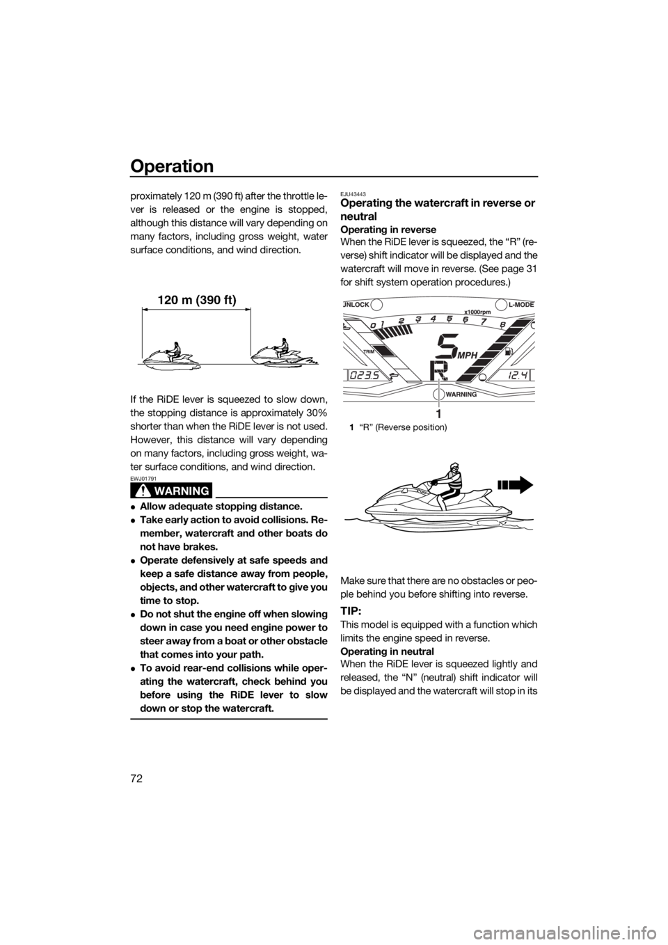 YAMAHA GP1800 2018 Manual PDF Operation
72
proximately 120 m (390 ft) after the throttle le-
ver is released or the engine is stopped,
although this distance will vary depending on
many factors, including gross weight, water
surfa YAMAHA GP1800 2018 Manual PDF Operation
72
proximately 120 m (390 ft) after the throttle le-
ver is released or the engine is stopped,
although this distance will vary depending on
many factors, including gross weight, water
surfa
